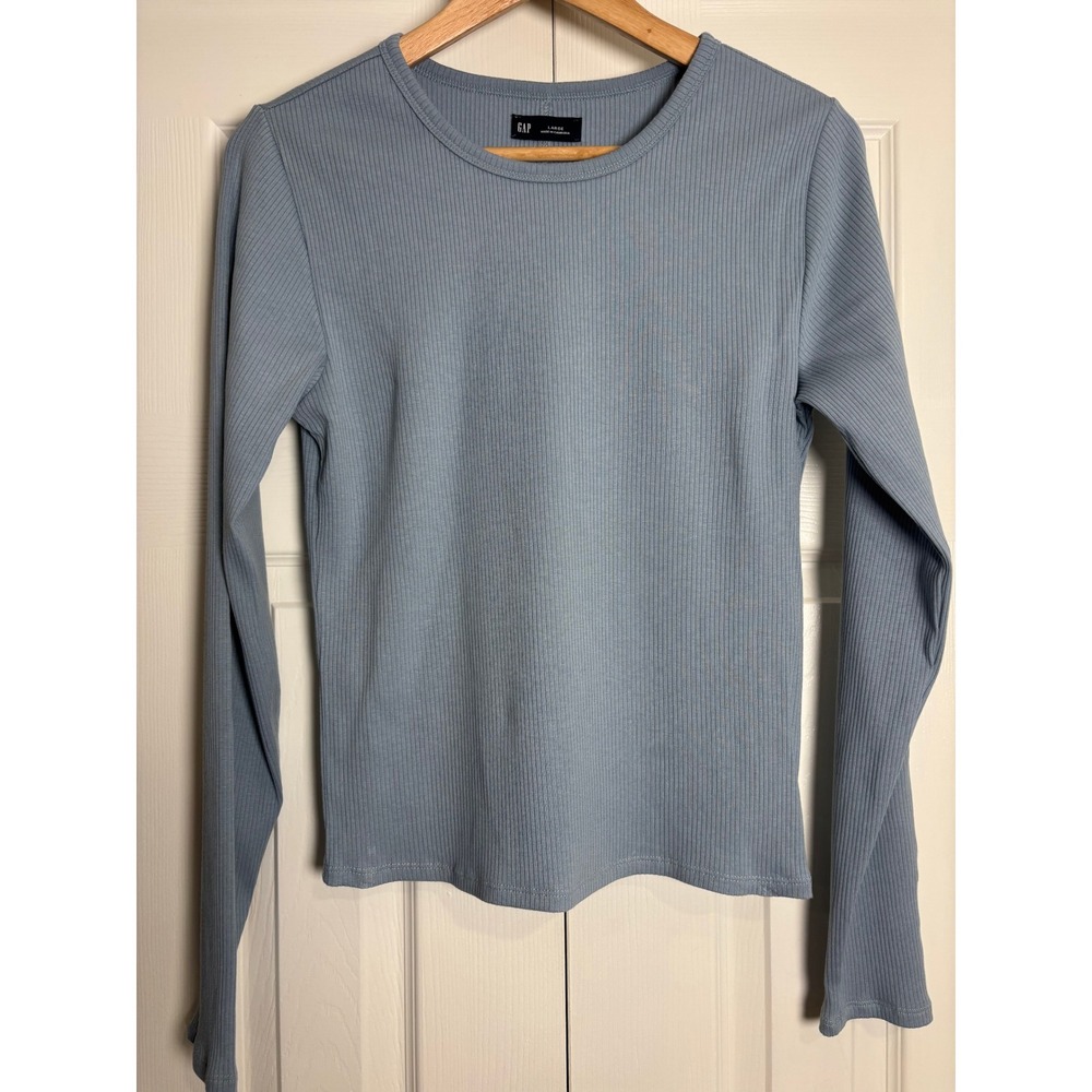 Gap Womens Long Sleeve Ribbed Crewneck Top Light Blue Cotton Modal Blend Large